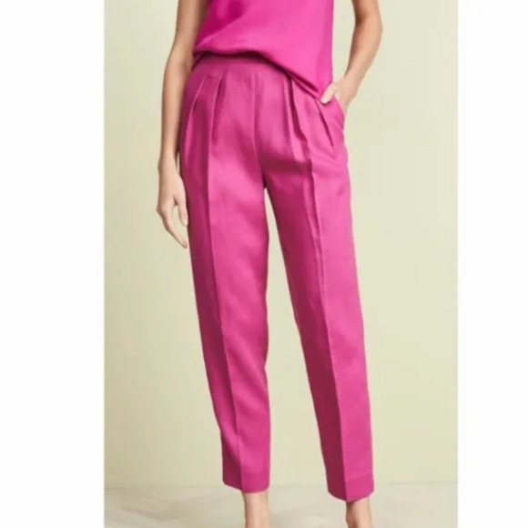 NWOT Theory Pant Linen High Rise Pink Pants Pleated Fuchsia Pop Trouser - Picture 1 of 6
